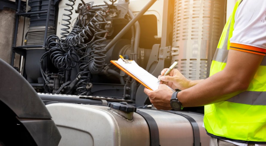 Inspector Taking Notes on Trailer Truck